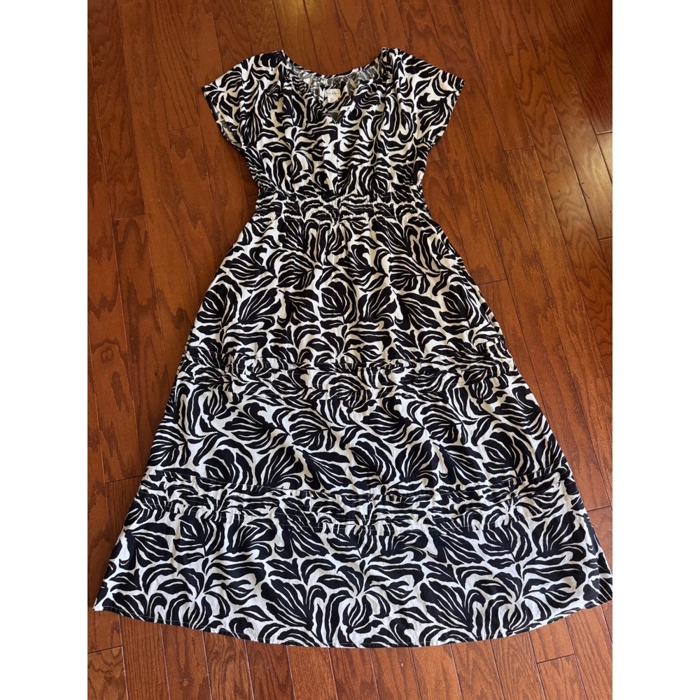 Nicole Miller New York Linen Blend Midi Dress Black White Leaf Smocked Waist L